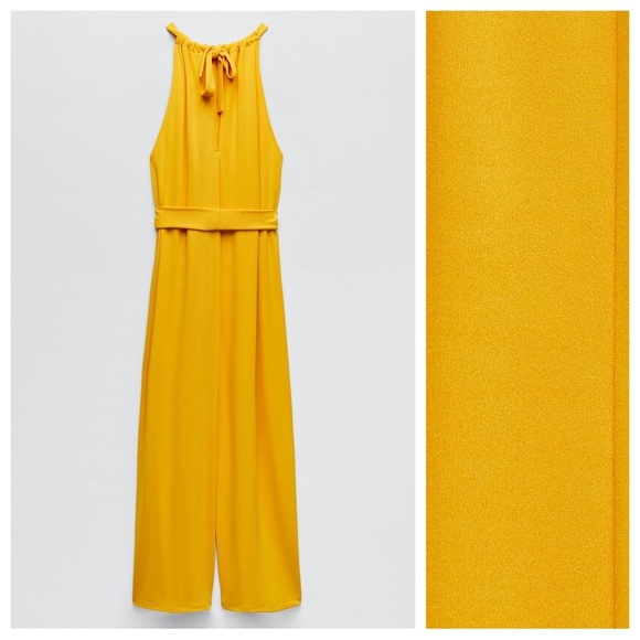 NWT. Zara Mustard/Golden Yellow Wide Leg Flowy Jumpsuit with Belt. Size S. - Picture 7 of 10